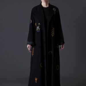 Embroidered Velvet Abaya with Floral & Bird Motifs and Silk Fringe Sleeves