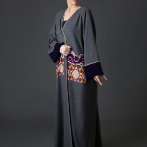 Winter Abaya with African-Inspired Geometric Embroidery & Velvet Cuffs