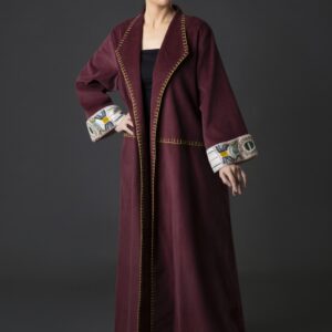 Corduroy Velvet Abaya with Embroidered Cuffs & Blanket Stitch Details