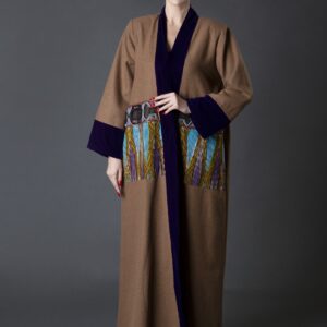 Winter Abaya with African-Inspired Print Patches & Velvet Borders