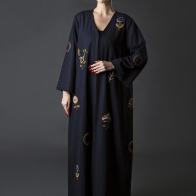 Embroidered Winter Abaya with Floral & Bird Motifs
