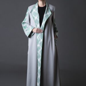 Coat-Style Abaya with Threadwork Sleeves & Checked Collar Detail