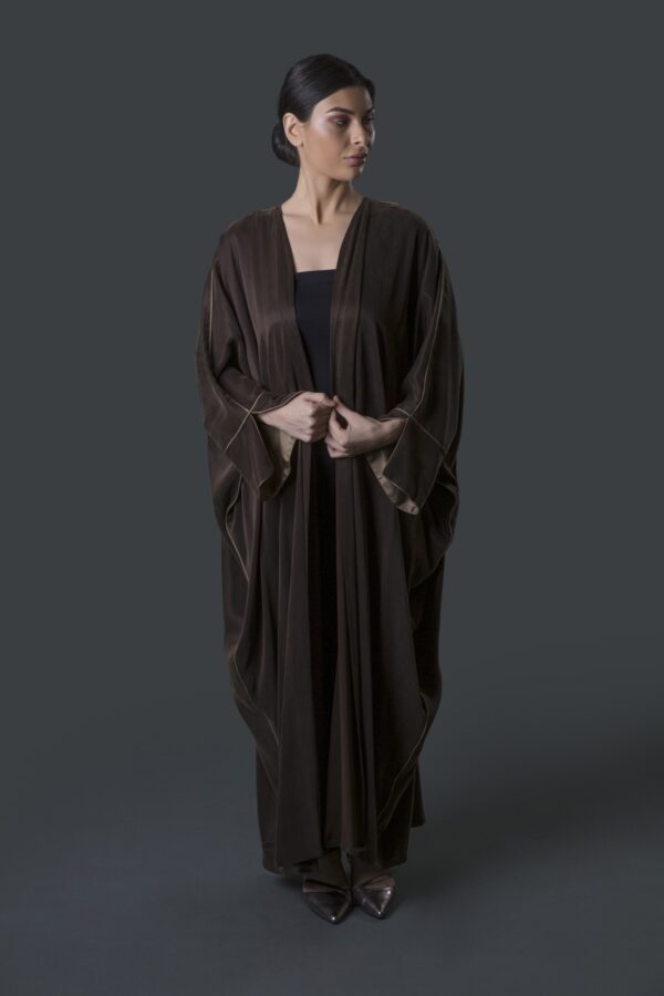 Abaya with Contrast Piping & Abstract Floral Threadwork on Back