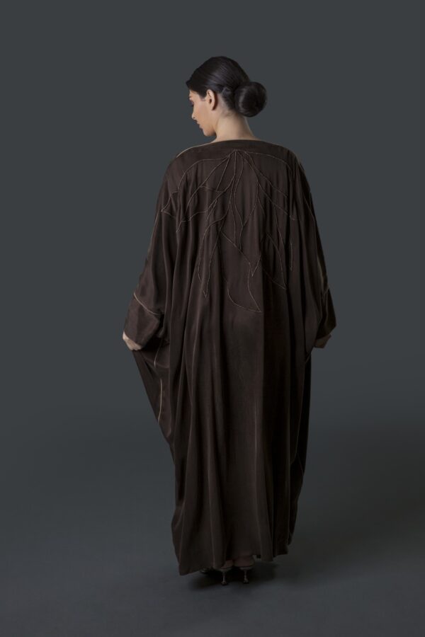 Abaya with Contrast Piping & Abstract Floral Threadwork on Back - Image 2