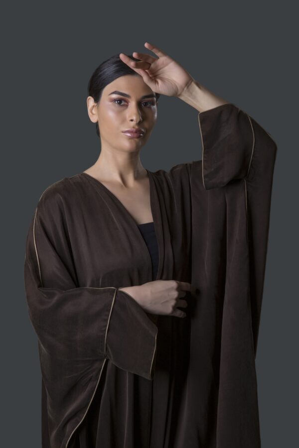 Abaya with Contrast Piping & Abstract Floral Threadwork on Back - Image 4