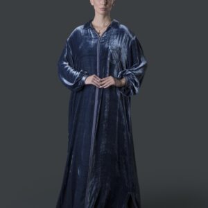 Velvet Galabiya with Moroccan Embroidery, Puff Sleeves & Chest Pocket