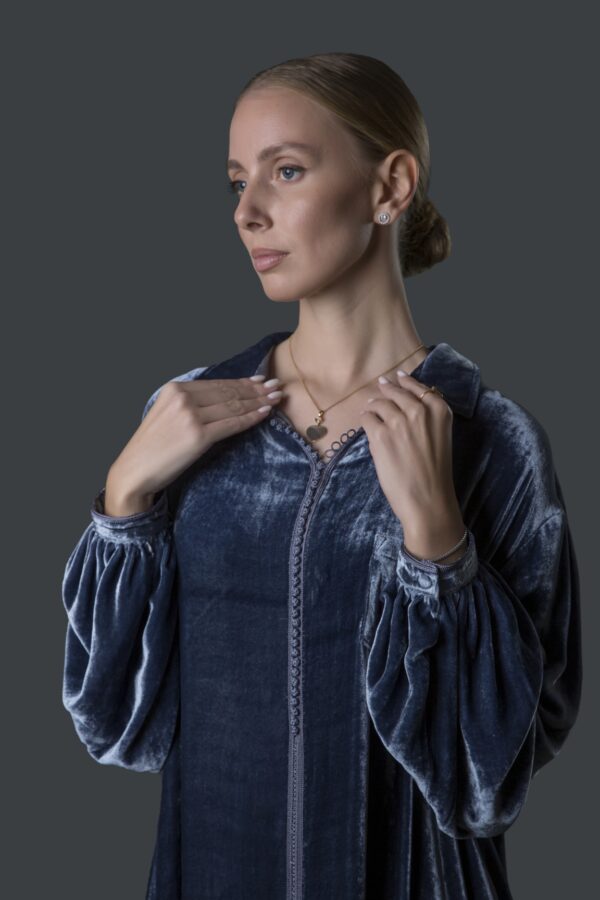 Velvet Galabiya with Moroccan Embroidery, Puff Sleeves & Chest Pocket - Image 2