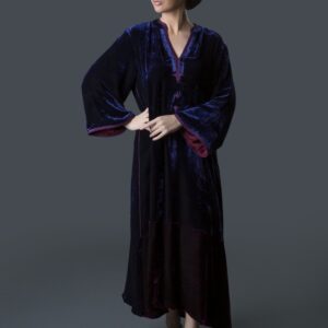 Velvet Galabiya with Open Neck & Contrast Moroccan Embroidery