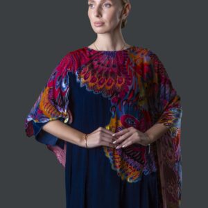 Velvet Galabiya with Asymmetric Cape in Peacock-Inspired Abstract Print