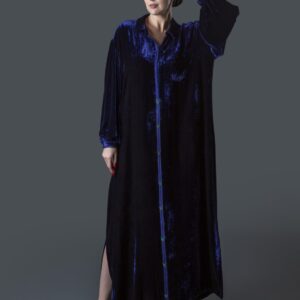Velvet Galabiya with Collar, Puff Sleeves & Moroccan Embroidered Chest Pocket