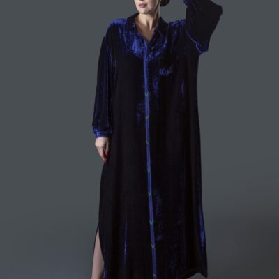 Velvet Galabiya with Collar, Puff Sleeves & Moroccan Embroidered Chest Pocket