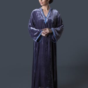 Velvet Galabiya with Open Neck, Moroccan Embroidery & Silk-Lined Sleeves