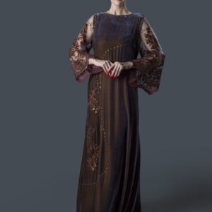Velvet Galabiya with Dantelle Sleeves, Beaded Floral Embroidery & Handworked Neckline