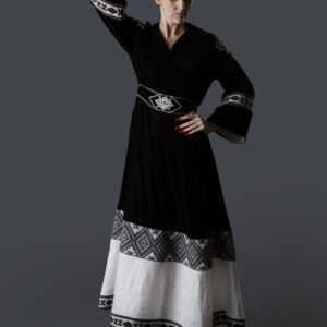 Black Velvet Dress with Off-White Linen Border, Embroidered Belt & Beaded Sleeve Patchwork
