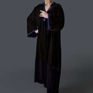 Velvet Galabiya with Open Neck, Contrast Moroccan Embroidery & Silk-Lined Sleeves