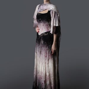 French Velvet Ombre Dress with Abstract Floral Print & Attached Neck Shawl