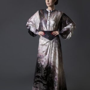 French Velvet Ombre Dress with Abstract Floral Print & Asymmetric Beaded Skirt