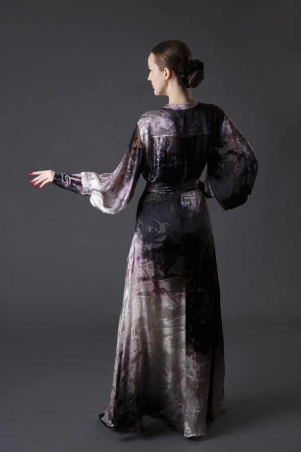 French Velvet Ombre Dress with Abstract Floral Print & Asymmetric Beaded Skirt - Image 4