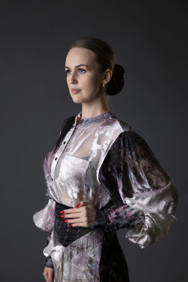 French Velvet Ombre Dress with Abstract Floral Print & Asymmetric Beaded Skirt - Image 3