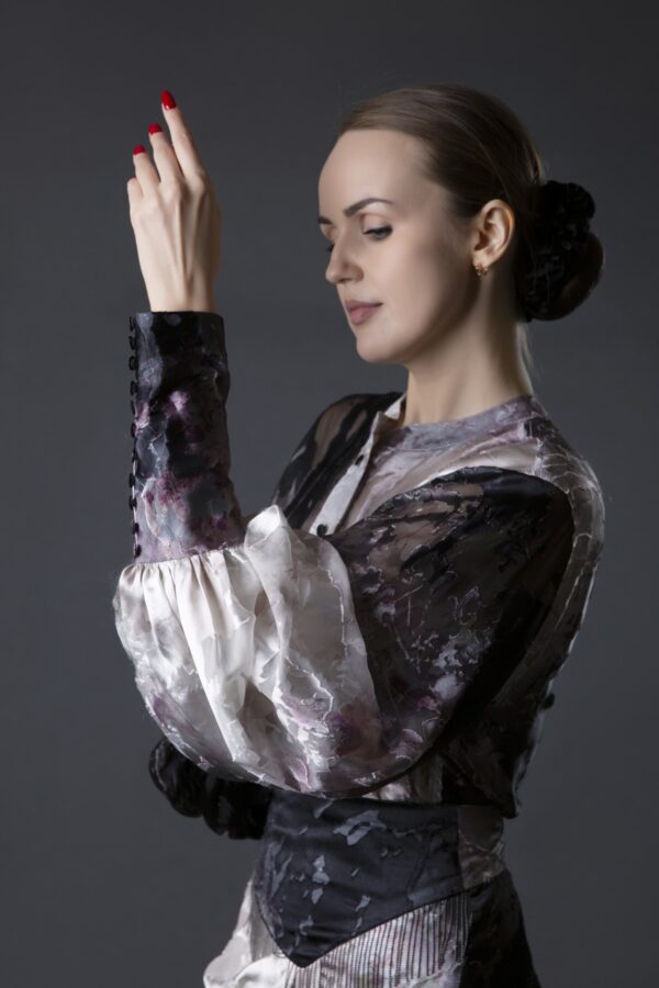 French Velvet Ombre Dress with Abstract Floral Print & Asymmetric Beaded Skirt - Image 2