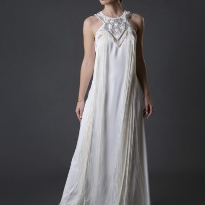 Embroidered Crepe Tassel Dress with Beaded Yoke
