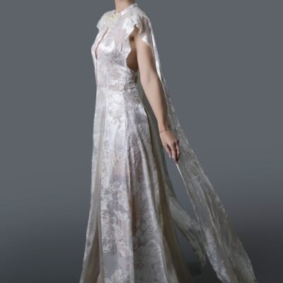 Cape Style Brasso Satin Dress with Pearl Beads & Shimmer Godet Panels