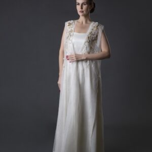 Embroidered Organza Cape with Textured Crepe Cut Dress