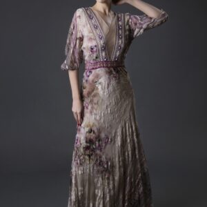 Directional Print French Velvet Dress with Beaded Embroidery