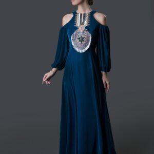 Velvet Galabiya Dress with Hand Embroidery, Patchwork & Puff Sleeves