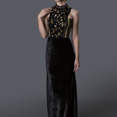 Classic Body-Fit Dress with Gold & Black Striped Bodice and Hand-Embroidered Velvet Yoke