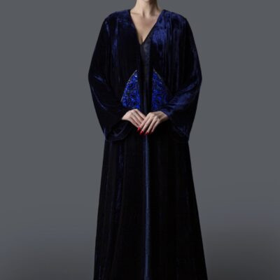 Embroidered Velvet Jacket with Geometric-Floral Print Dress & Net Detailing