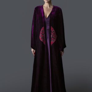 Embroidered Velvet Jacket with Printed Dress Featuring Net Neck & Waist Detailing