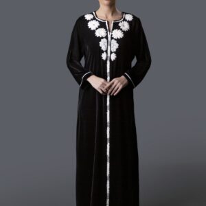 Velvet Galabiya with Floral Dantelle Neck & Beaded Sequin Embroidery Border