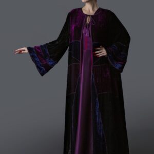 Velvet Jacket with Multicolor Design & Moroccan Border, Paired with Silk Satin Dress