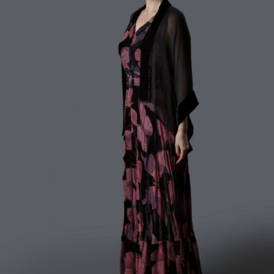 French Velvet Butterfly Print Dress with Sheered Hem & Chiffon Cape Jacket