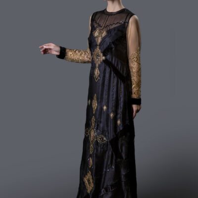Organza Dress with Handcrafted Geometric Embroidery, Velvet Patchwork & Net Sleeves
