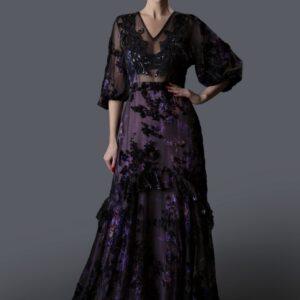 French Velvet Ombre Dress with Floral Print & Sequin Embroidered Top