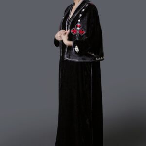Black Velvet Galabiya with Moroccan Embroidery & Geometric Vest
