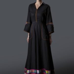 Collared Linen Panel Dress with Embroidered Sleeves & Woven Multicolor Border