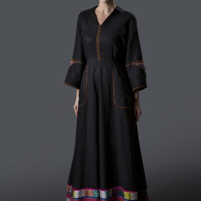 Collared Linen Panel Dress with Embroidered Sleeves & Woven Multicolor Border
