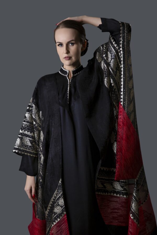 Tri-Tone Embossed Organza Cape Jacket with Zari Work Galabiya - Image 4