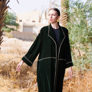 Velvet Abaya with Egyptian Motif Embroidery & Blanket Stitch Detailing