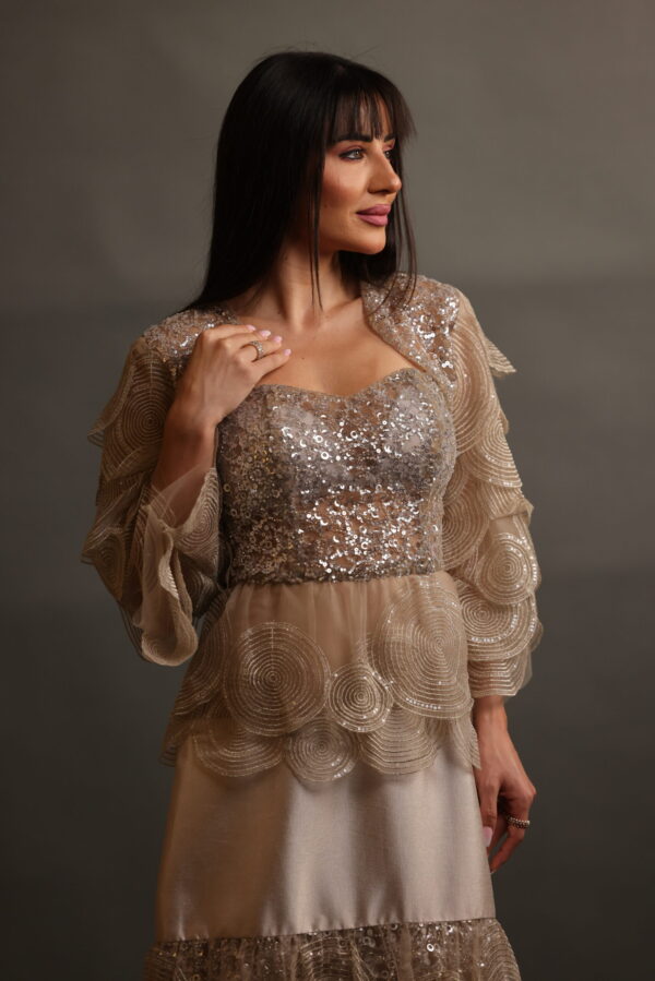 Celestial Dentelle – Satin Taffeta Dress with Sequin Corset & Layered Jacket - Image 3