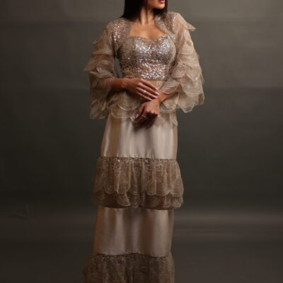 Celestial Dentelle – Satin Taffeta Dress with Sequin Corset & Layered Jacket