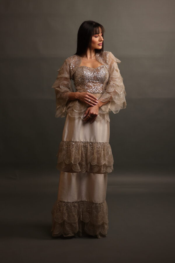 Celestial Dentelle – Satin Taffeta Dress with Sequin Corset & Layered Jacket