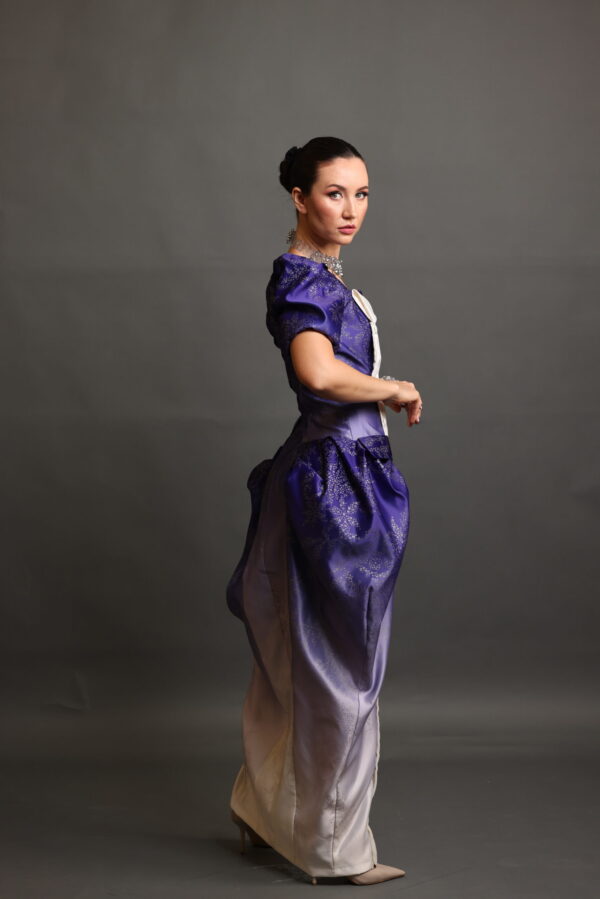 Zari Dusk – Ombré Satin Vintage Dress with Embossed Texture & Pockets - Image 2