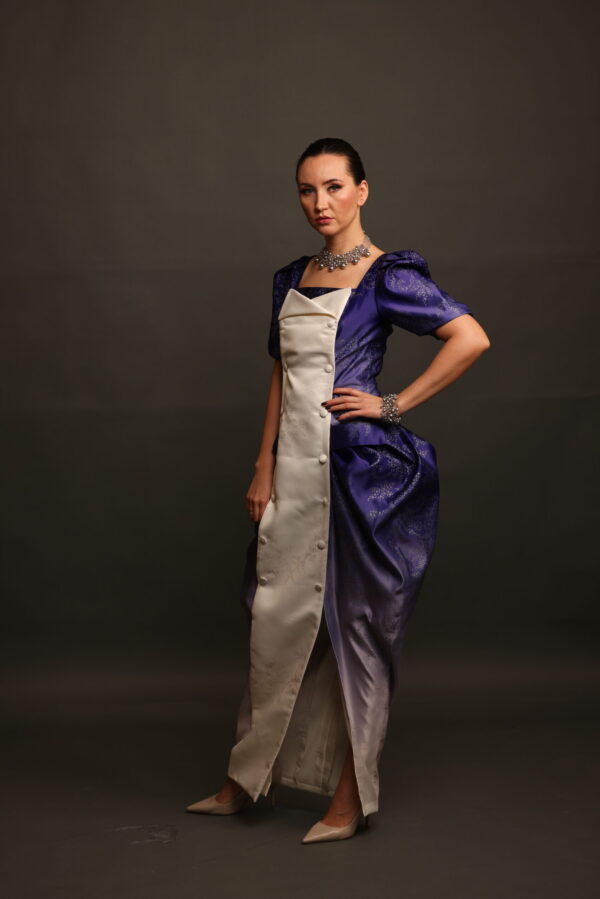 Zari Dusk – Ombré Satin Vintage Dress with Embossed Texture & Pockets