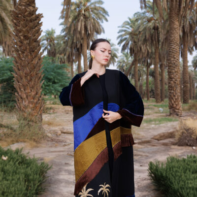 Arabic-Inspired Abaya with Embroidered Camel Motif & Zari Tassels