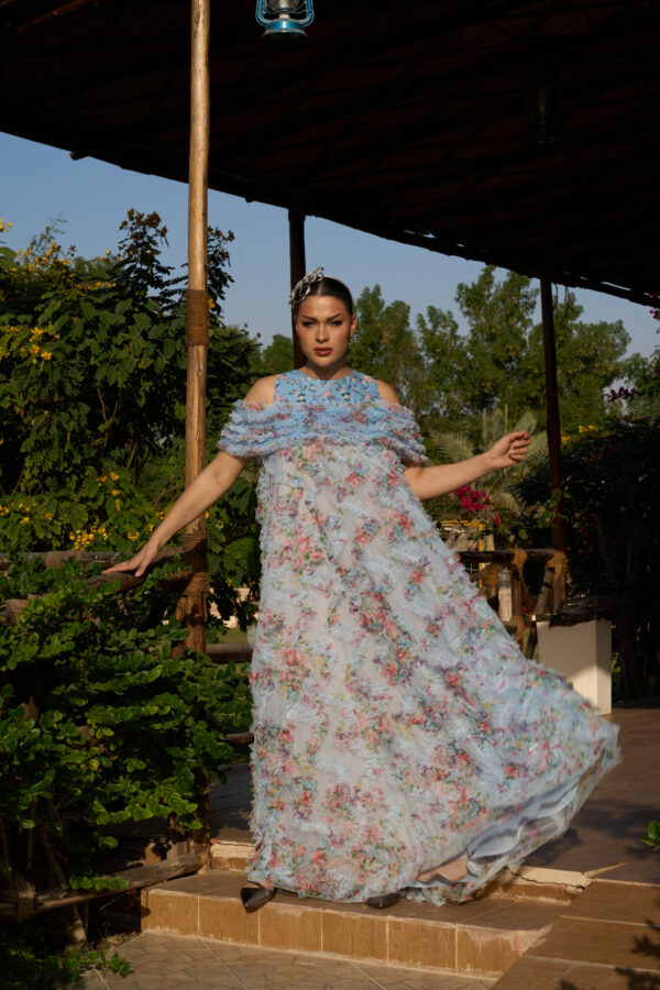 Floral Elegance Chiffon Dress with Layered Frill Yoke - Image 3