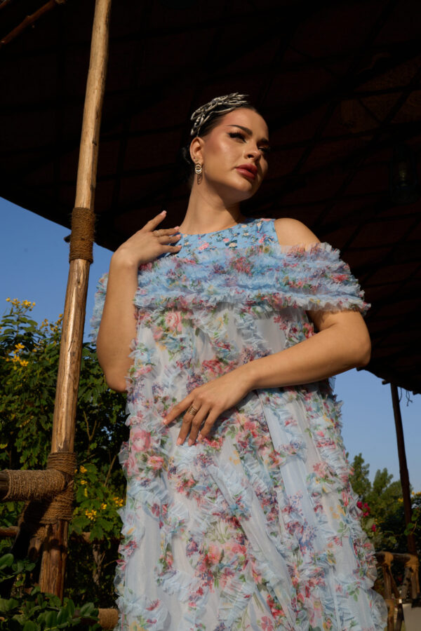 Floral Elegance Chiffon Dress with Layered Frill Yoke - Image 2